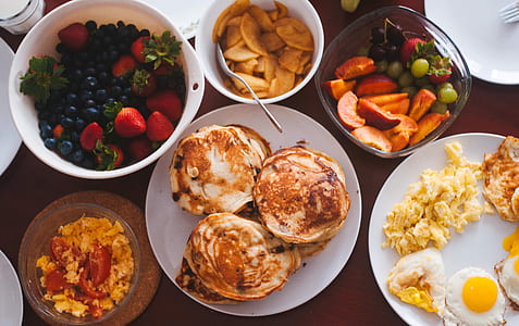 pancakes, eggs, and fruits thumbnail