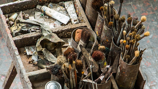 assorted-color paint brush lot near gray surface thumbnail