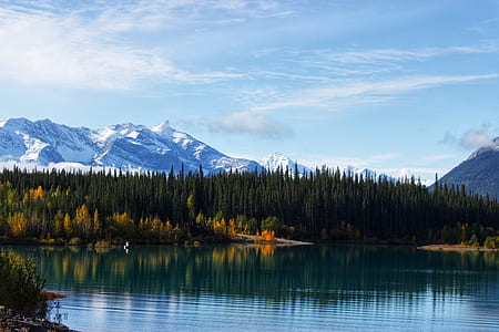 landscape photography of boat on body of water in front of pine trees near mountain alps thumbnail