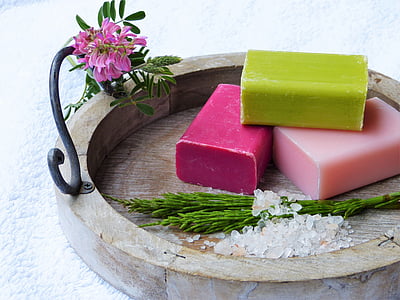 green, red, and pink soap on brown tray thumbnail
