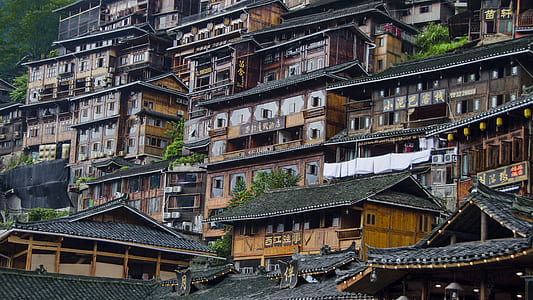 brown and black houses with trees thumbnail