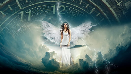 female angel holding sword while standing on clouds thumbnail