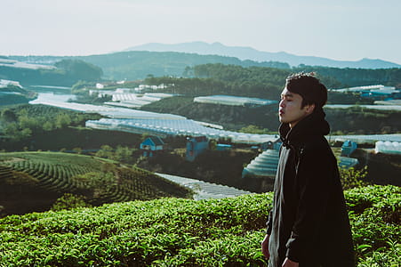 Man in Black Pullover Hoodie Standing Near Green Leaf Field thumbnail