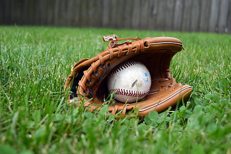 baseball and brown mitt on grass thumbnail