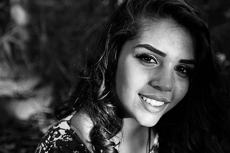 Woman Wearing Floral Shirt Grayscale Portrait thumbnail