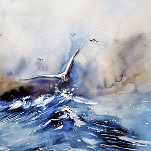 bird flying over the body of water painting thumbnail