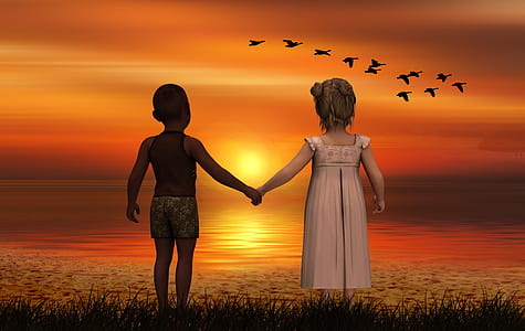 boy and girl holding hands while standing in front of ocean during sunset painting thumbnail