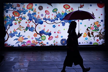 silhouette of woman walking holding umbrella thumbnail