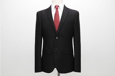 white dress shirt, red necktie, and black suit on dress form thumbnail