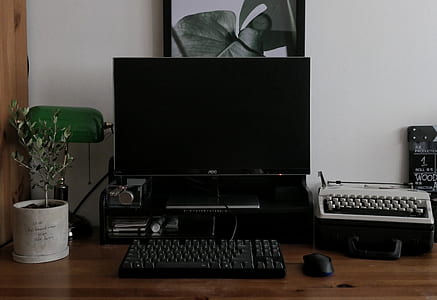computer desktop set on desk thumbnail