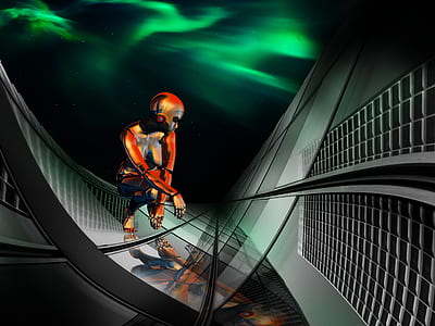 animated character sitting on curved platform with green northern lights on background digital wallpaper thumbnail