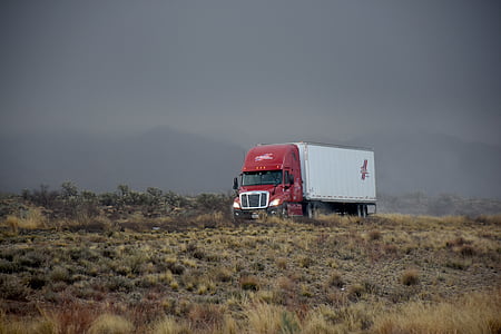 red and white trailer truck running on road during daytime thumbnail