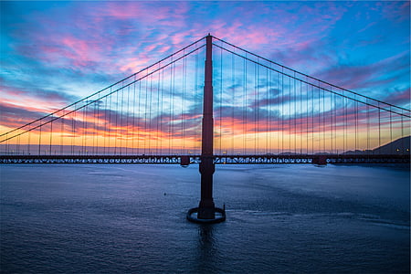 black full-suspension bridge under sunset thumbnail