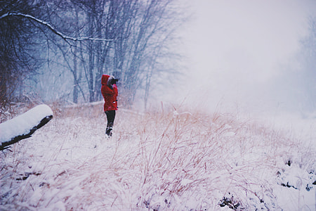 woman using binoculars while standing on snow ground under shade of tree at daytime thumbnail