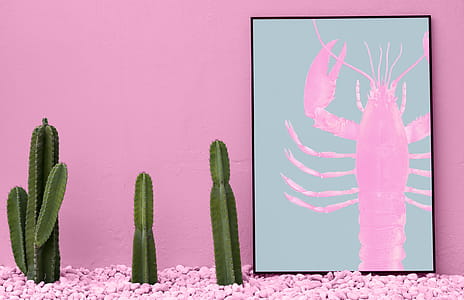 Three Green Cactus and Pink Beside Craw-fish Painting thumbnail