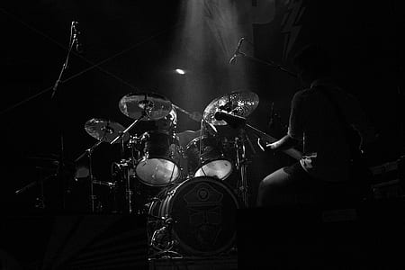 grayscale photo of drum set thumbnail