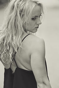 graysale photo of woman wearing spaghetti strap top thumbnail