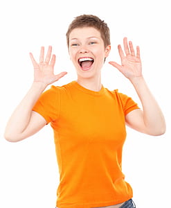 woman wearing orange crew-neck t-shirt thumbnail