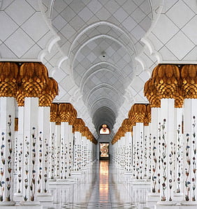 architectural photography of white and multicolored floral pillared hallway thumbnail