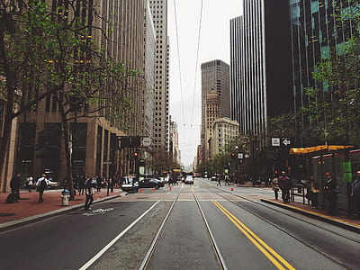 asphalt road between white concrete high-rise buildings thumbnail