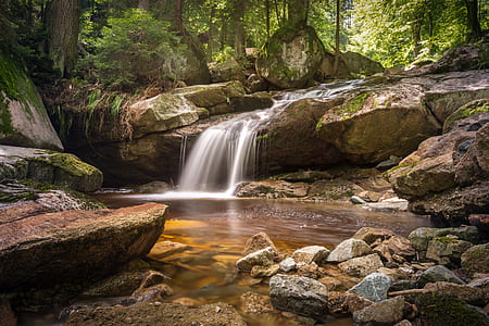 time lapse photography of waterfalls in the forest thumbnail