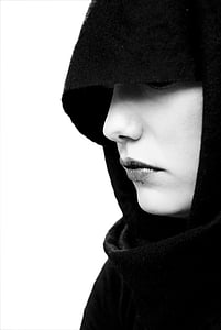 woman with cape grayscale photo thumbnail