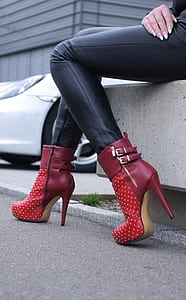 pair of red leather cone-heeled booties thumbnail
