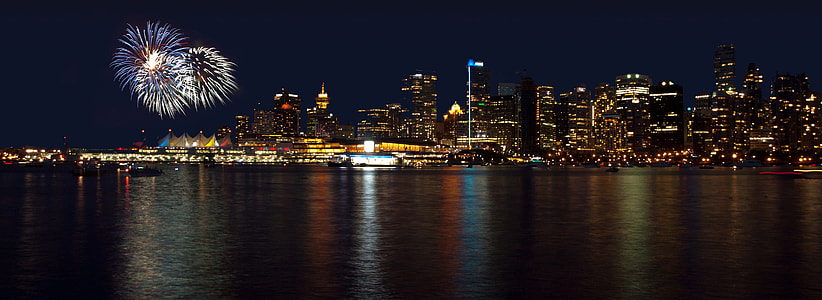 Skyline and fireworks at night in Vancouver, British Columbia, Canada thumbnail