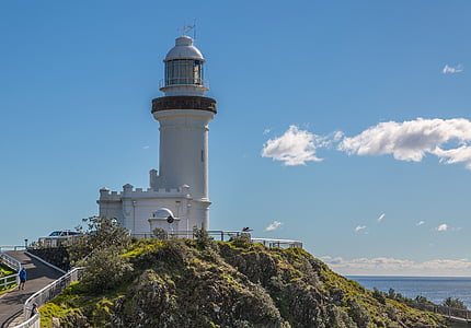 white lighthouse near cliff during day thumbnail