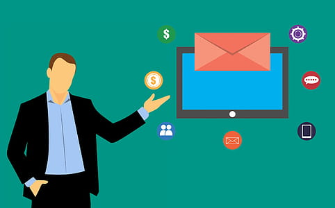 Illustration of businessman standing with various icons and newsletter images. thumbnail