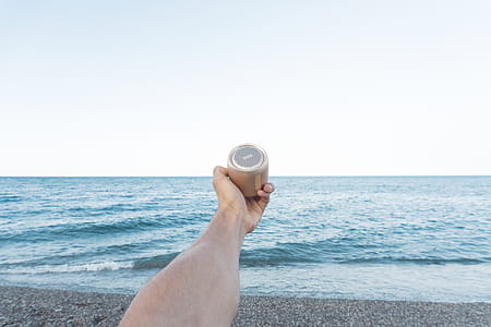 Person Holding Upward Brown Speaker in Front of Sea thumbnail