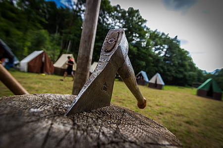 brown and grey axe on wood log thumbnail