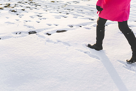 Woman in Black Knee High Boots Walking in Snow thumbnail