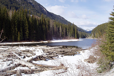 Winter landscape with hills and river in British Columbia, Canada thumbnail