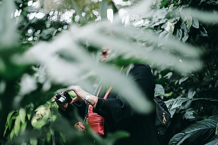 person in black jacket holding camera near trees thumbnail