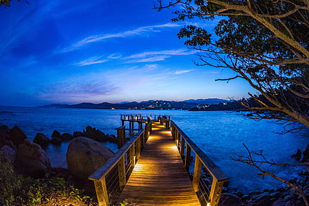 brown wooden deck leading to body of water under blue sky thumbnail