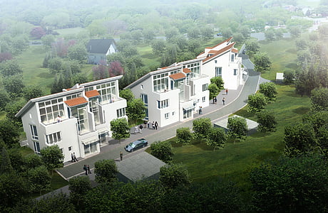 three white buildings surrounded by trees thumbnail