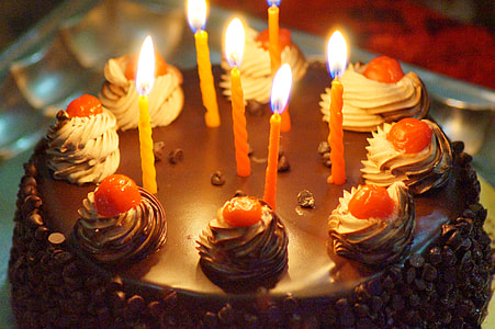 close up photo of round chocolate cake with candles thumbnail