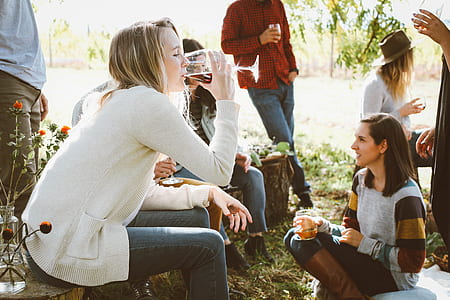 woman drinking red wine while sitting on brown chair in-front of another woman thumbnail
