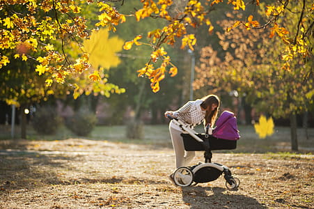 Woman In Grey Pants Holding Black And Purple Stroller thumbnail
