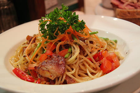 pasta with meat and vegetable dish on plate thumbnail