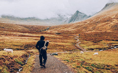 person carrying backpack standing on pathway thumbnail