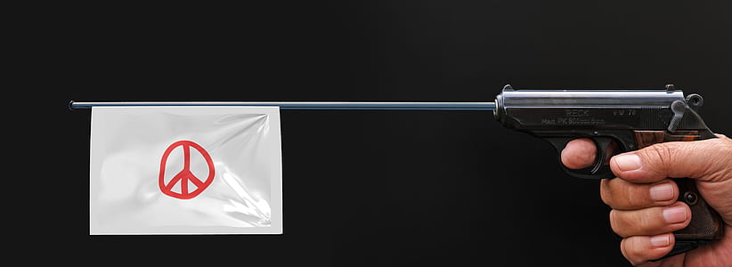person holding gun with peace sign flag thumbnail