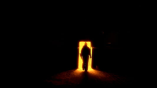 human silhouette, the door to hell, gates, sun thumbnail