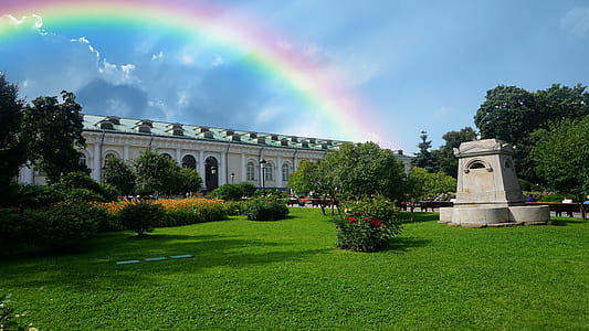 grass lawn under cloudy sky with rainbow during daytime thumbnail