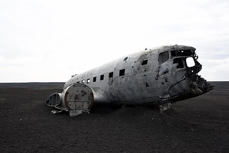 grayscale photo of crashed airplane thumbnail