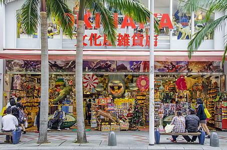 people sitting on bench on front of store thumbnail