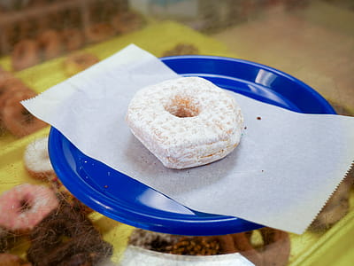 Powdered donut sitting on a blue plate in a donut shop. thumbnail