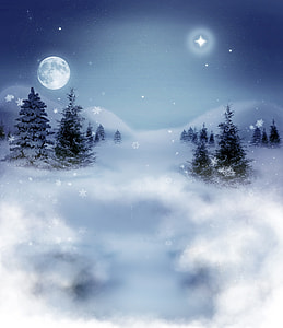 pine trees above clouds overlooking moon and star during nighttime illustration thumbnail
