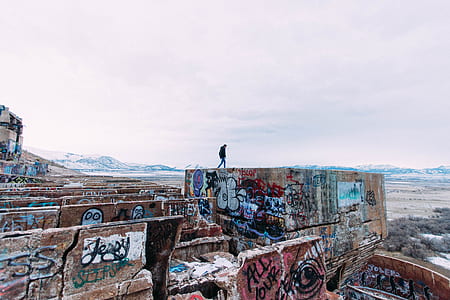 silhouette of person on ruins with vandals at daytime thumbnail